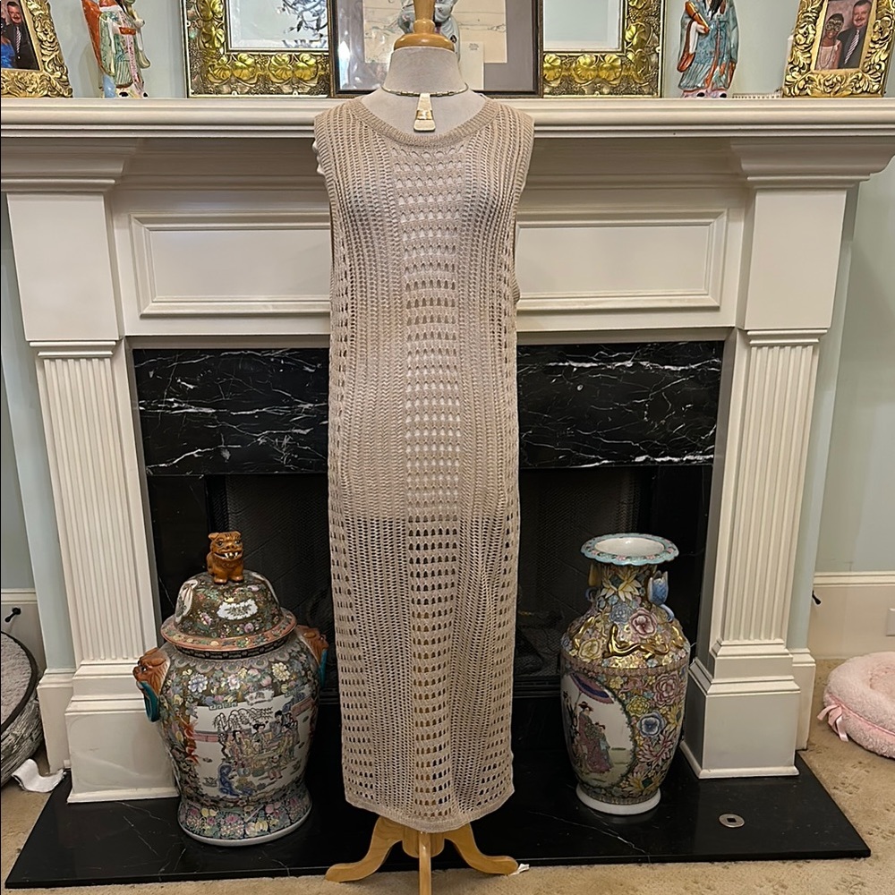 Sexy beige open weave crocheted “Cha Cha” tank dress